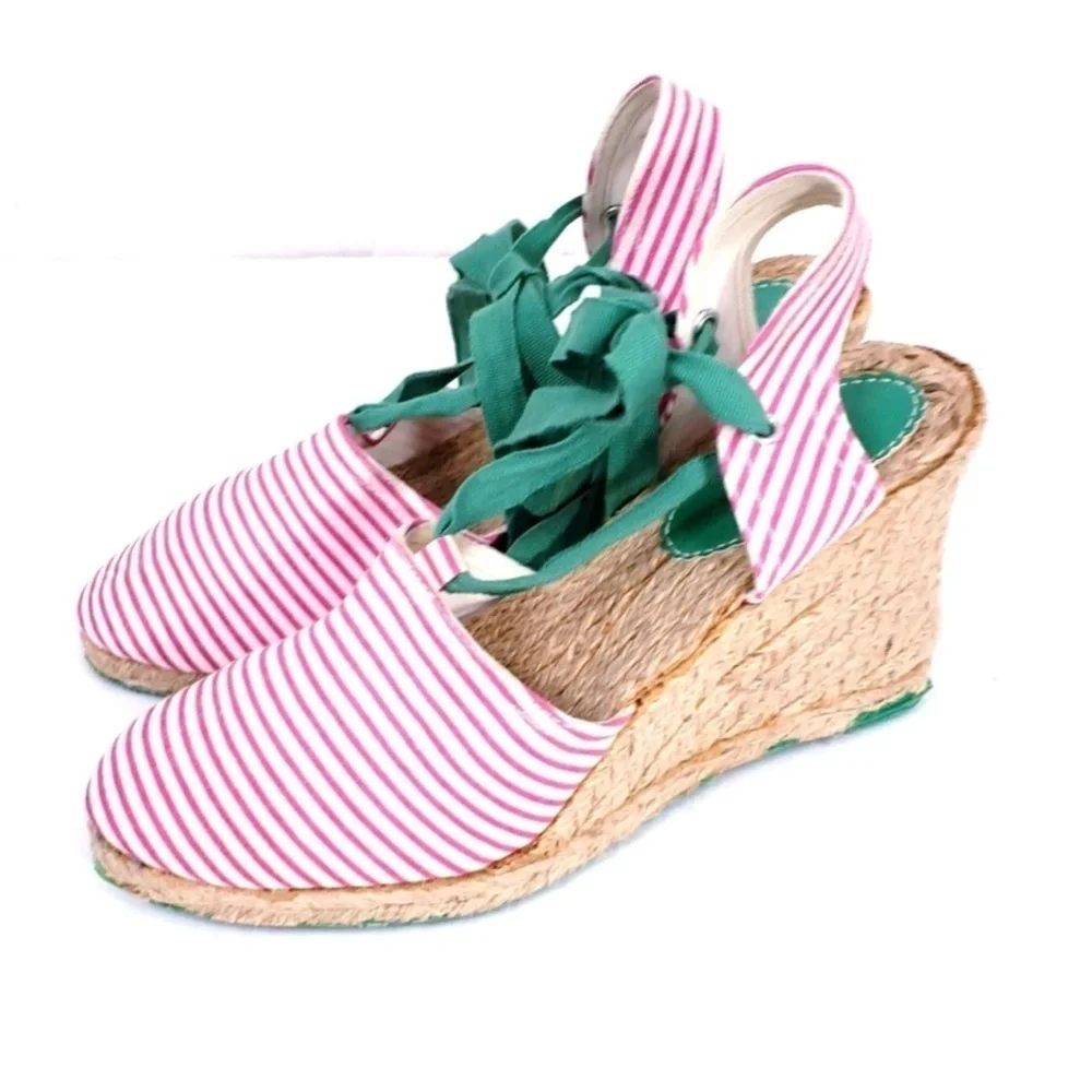 GAP Pink & White Striped Wedge Espadrilles Green Ribbon Sz 8 Preppy Coastal Chic